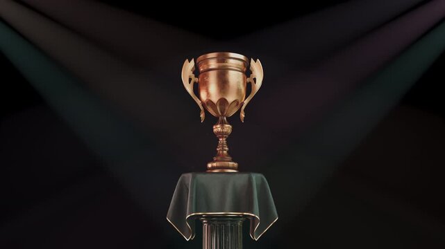 Trophy cup bronze award approaches under dramatic spotlights in a grand CG animation, marking a championship victory. Sports tournament intros, corporate achievement awards.