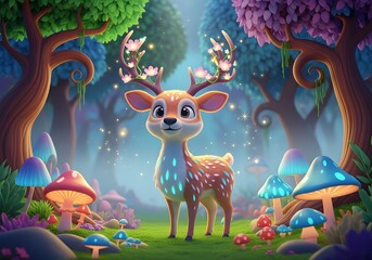 Fototapeta premium cartoon deer with flowered antlers in a magical forest filled with colorful glowing mushrooms.
