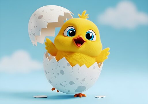 Cheerful big-eyed yellow cartoon chick just hatched from egg shell on blue background.