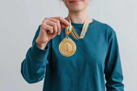 Close-up of person holding a gold first place medal for award celebration background and social media banner design