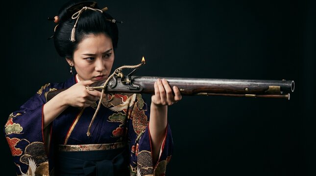 漆黒の背景に凛と際立つ歴史の緊迫感。美しい和服を纏った日本人女性の真剣な眼差しと火縄銃の構えが、ドラマチックな陰影で格調高く映えるクローズアップポートレート