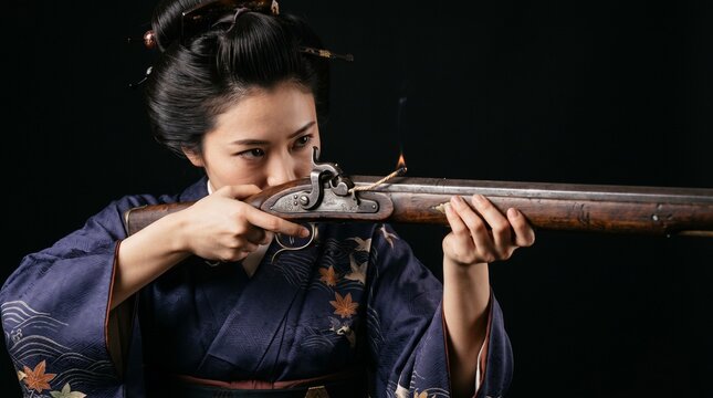 漆黒の背景に凛と際立つ歴史の緊迫感。美しい和服を纏った日本人女性の真剣な眼差しと火縄銃の構えが、ドラマチックな陰影で格調高く映えるクローズアップポートレート