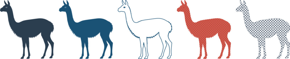 Obraz premium Minimalist llama silhouette set, collection of 5 alpaca vector icons in various colors, flat vicuna animal graphics for logo design and branding