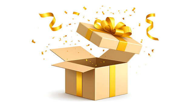 Opened cardboard gift box with golden ribbon and bow, confetti exploding outwards, surprise celebration, festive event