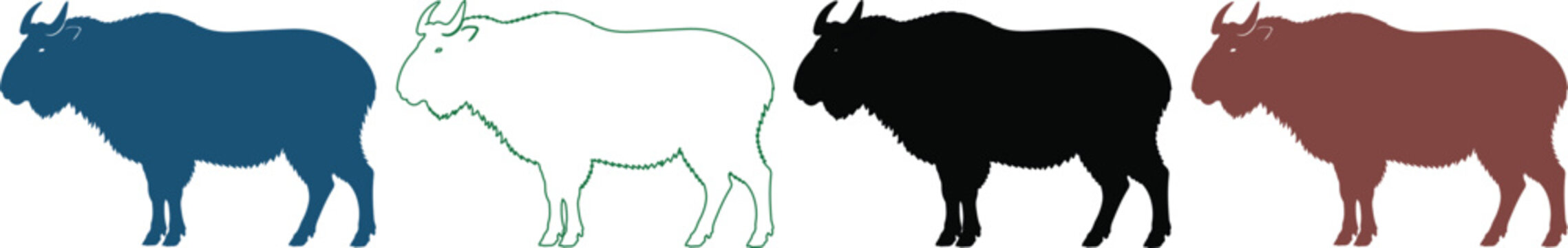 Takin animal silhouette vector set, wild gnu goat antelope icons in black and blue, 4 takin cattle elements for wildlife conservation branding