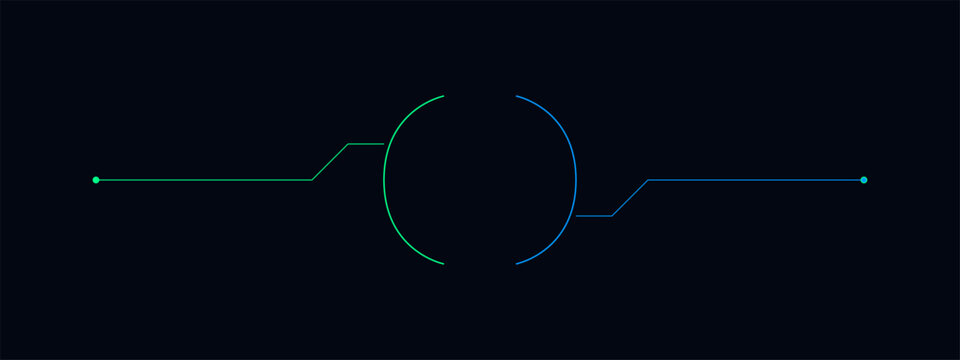 Futuristic circle circuit line interface design element with green blue glow.