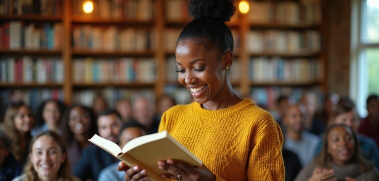 Woman reads book aloud to attentive audience in library. She smiles sharing story excerpt with listeners. People gather for literature event with author presentation.
