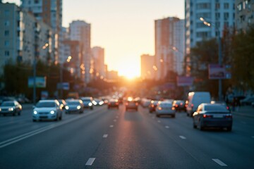 Obraz premium Sunset urban avenue with moving traffic and bright horizon for city background and banner design