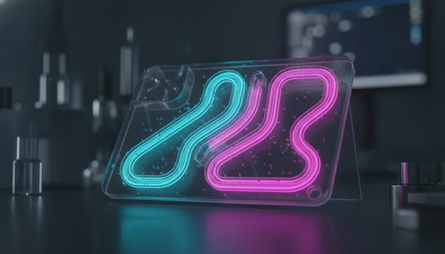 Transparent microfluidic lab on a chip with glowing serpentine microchannels