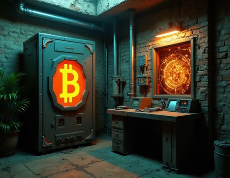 Bitcoin mining rig sits in dark industrial room. Server unit shows glowing B symbol. Control panel and screen display data. Tech setup for cryptocurrency generation.