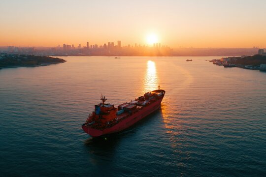 Red cargo tanker at sunset on calm harbor waters with city skyline for maritime background and banner design
