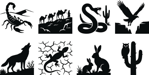 Obraz premium Desert Wildlife Silhouette Collection Featuring Animals, Plants, and Landscapes in Black Vector Art