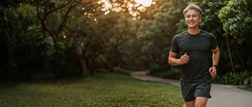Smiling mature Asian man jogging on a path in a lush green park during a golden sunset, enjoying a healthy active lifestyle and outdoor fitness routine in a peaceful natural environment.