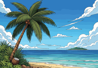Obraz premium Tropical beach scene with palm tree and ocean view