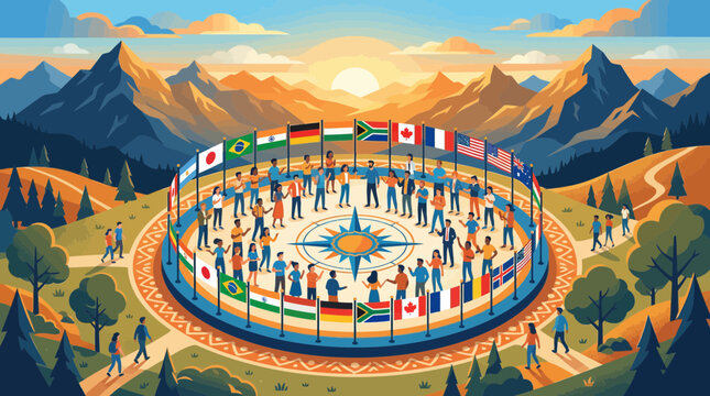 Global Unity: Diverse People Gather Around World Flags in Mountain Landscape