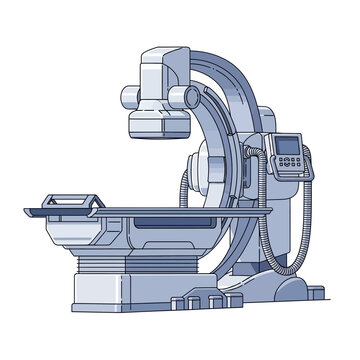 Medical imaging equipment with table and monitor isolated on a white background.