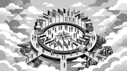 Fototapeta premium Global Unity: Diverse Nations Unite Around Compass Rose, International Cooperation Concept