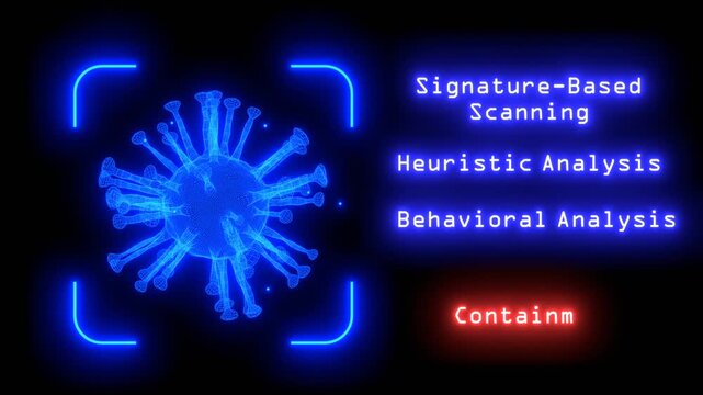 Digital and cybersecurity virus detection protocol. Neon glowing wireframe hologram of abstract virus model. Concept of internet crime. HUD interface. Technology animation, for science fiction.