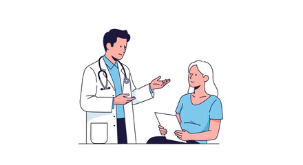 Fototapeta premium Doctor explaining diagnosis to patient holding clipboard in a medical setting.
