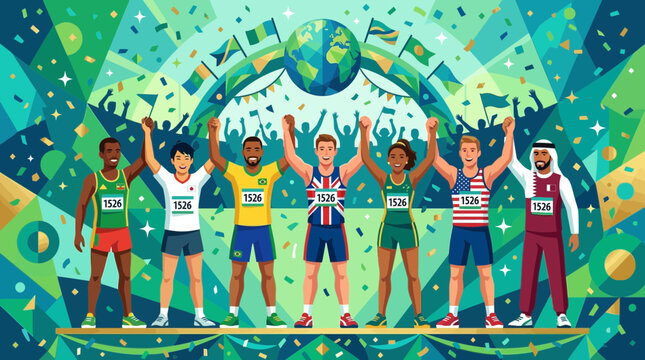 Diverse athletes celebrating victory on podium with flags and confetti, global sports concept.