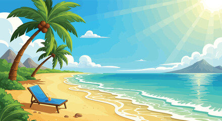Obraz premium Relaxing beach scene with palm tree and lounge chair by the ocean