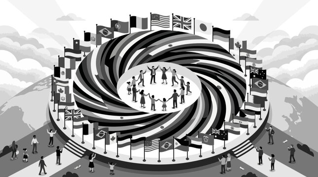 Global Unity: Diverse People Celebrate Around World Flags Circle