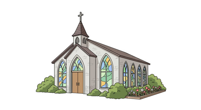 A small church building with stained glass windows and a cross on top.