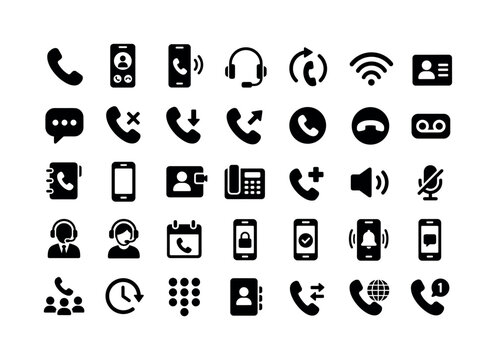 Phone Call Contact. Solid glyph icon set of phone calls and contact: phone handset, call screen, smartphone call, support headset, callback arrow, signal waves, contact card, chat bubble, missed call,