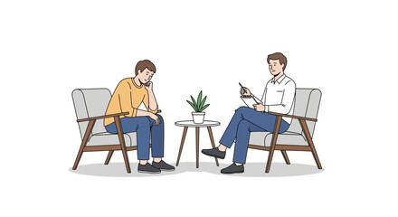 Fototapeta premium Two people sit in chairs facing each other with a small table.