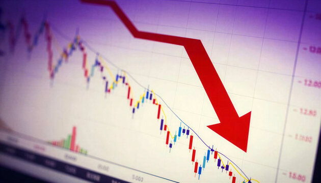 Business crash arrow pointing down over stock market price chart showing negative economic crisis a.