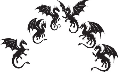 Fototapeta premium Collection of black dragon silhouettes flying
