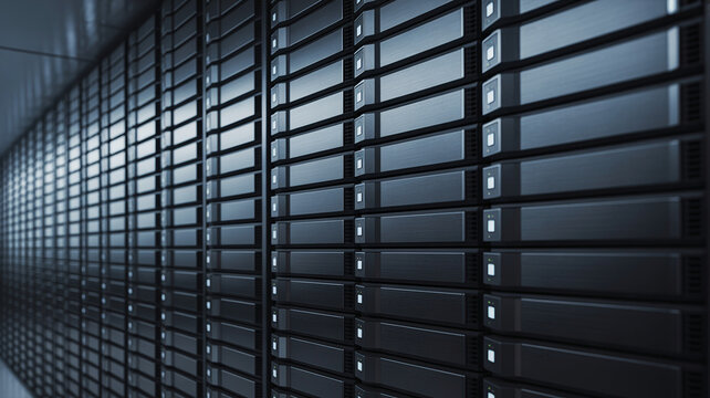 Modern blade servers with LED lights, sleek data center hardware, macro shot