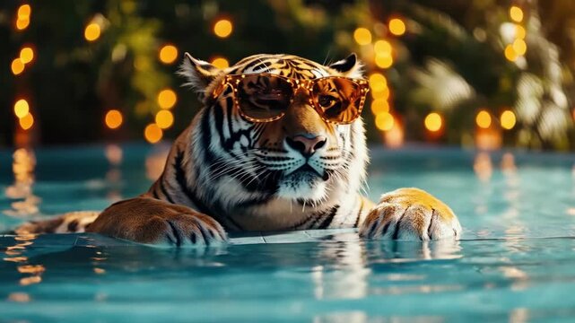 Tiger relaxing in pool wearing sunglasses amidst tropical lights