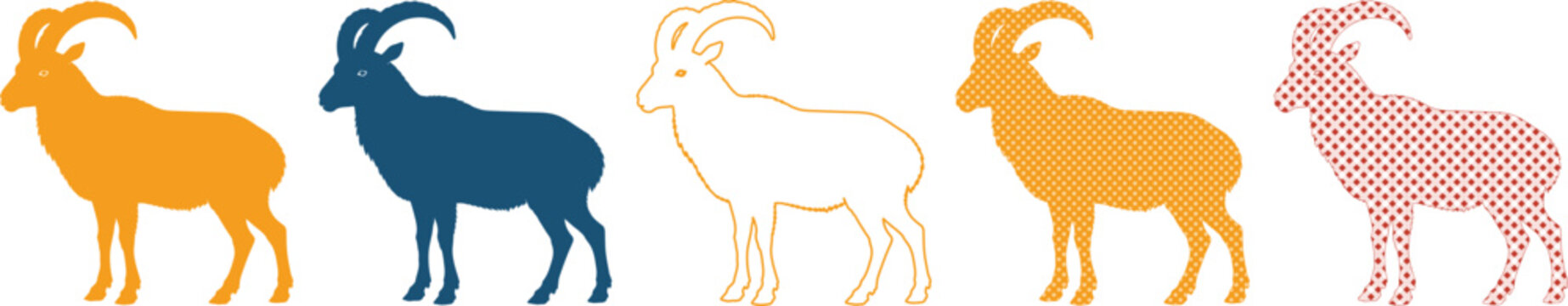 Mountain ibex silhouette collection, set of 5 wild goat vector icons, alpine animal silhouettes in orange blue and pink patterns isolated PNG with Transparent Background