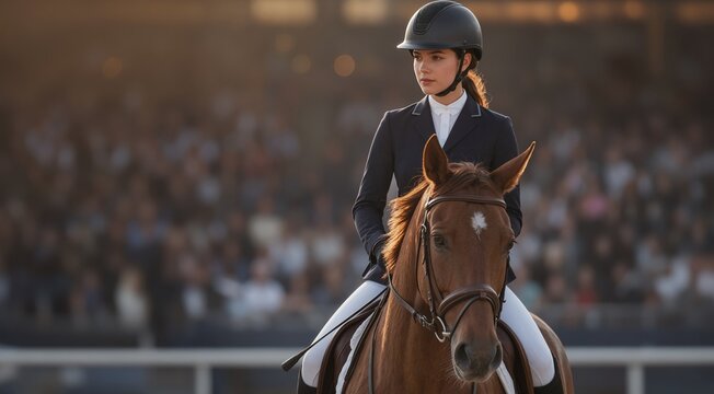 Elegant professional female equestrian rider wearing protective helmet and formal competition attire riding a chestnut horse in a grand stadium arena during a sunny equestrian show jumping event