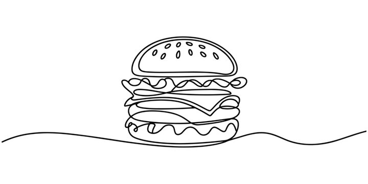 A single continuous one line drawing of a delicious burger, continuous line of burgers. line drawing of stuffed burger isolated. one line Icon drawing with white background, One continuous line