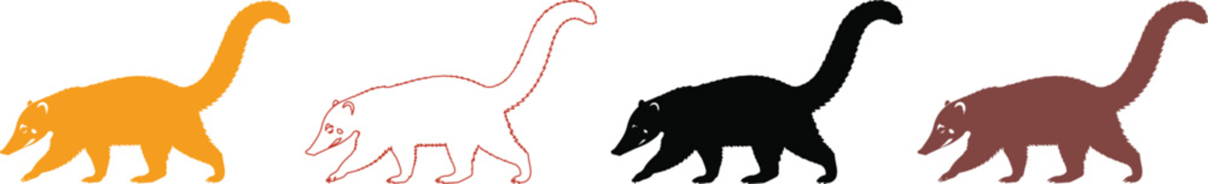 Coati animal silhouette set, South American coatimundi vector collection, wild mammal icons in orange, black, and brown colors isolated PNG with Transparent Background