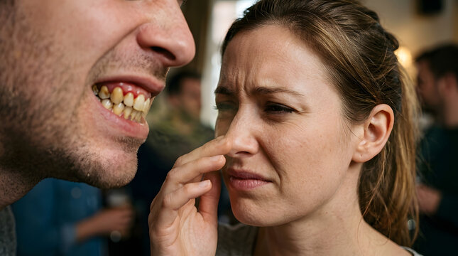 Woman recoils from man's bad breath in social setting. Generative AI
