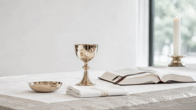 Golden chalice with ciborium and open holy bible on white altar table. Catholic eucharist liturgy celebration. Religious mass service in church. Sacrament of communion concept.