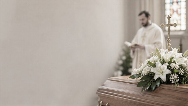 Catholic priest presiding over funeral service with wooden coffin and flowers in church. Christian burial ceremony, mourning, prayer and religion. Concept of loss and faith.