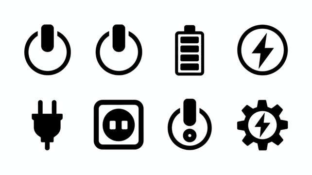 Set of eight simple power and electricity icons with black and white design