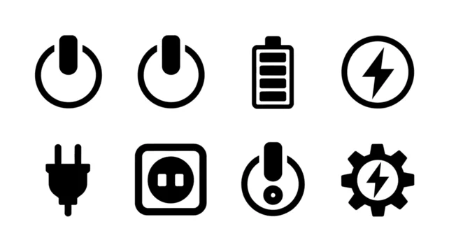 Set of eight simple power and electricity icons with black and white design