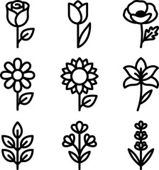 Fototapeta premium Clean black line art depictions of flowers and greenery including rose tulip sunflower lily and lavender sprigs on transparent background.