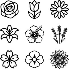 Obraz premium Collection of nine detailed black line art flower icons for floral design themes botanical patterns and creative gardening illustrations on transparent backdrops now.