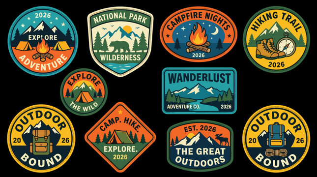 A premium collection of ten colorful vintage-style outdoor adventure and national park logo badges.