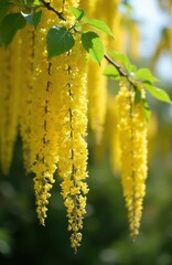 Fototapeta premium Golden chain tree branches with long yellow flowers hang in sunlight. Green leaves on tree limbs form natural garden backdrop. Spring blooms in soft focus.