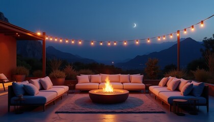 Obraz premium Outdoor patio lounge with sofas, fire pit, and string lights. Mountain landscape at twilight. Night sky with crescent moon. Peaceful ambiance for relaxation and gatherings.