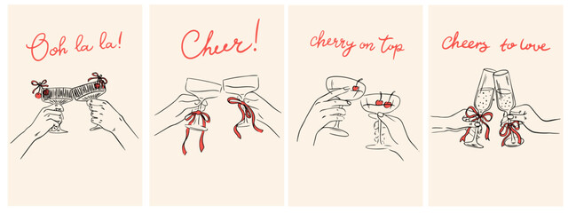 Obraz premium Hand drawn cocktails posters. Cheers set with hands holding glasses at party celebration. Ink doodle wine, champagne or cocktails for wedding invitations, menus, placards. Italian dinner party. 