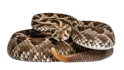 Fototapeta premium Rattlesnake coiled with tongue flicking, detailed scales