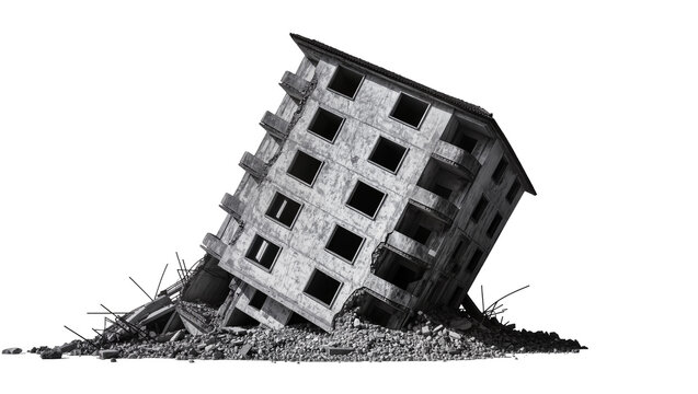 Collapsing concrete apartment building tilted on rubble